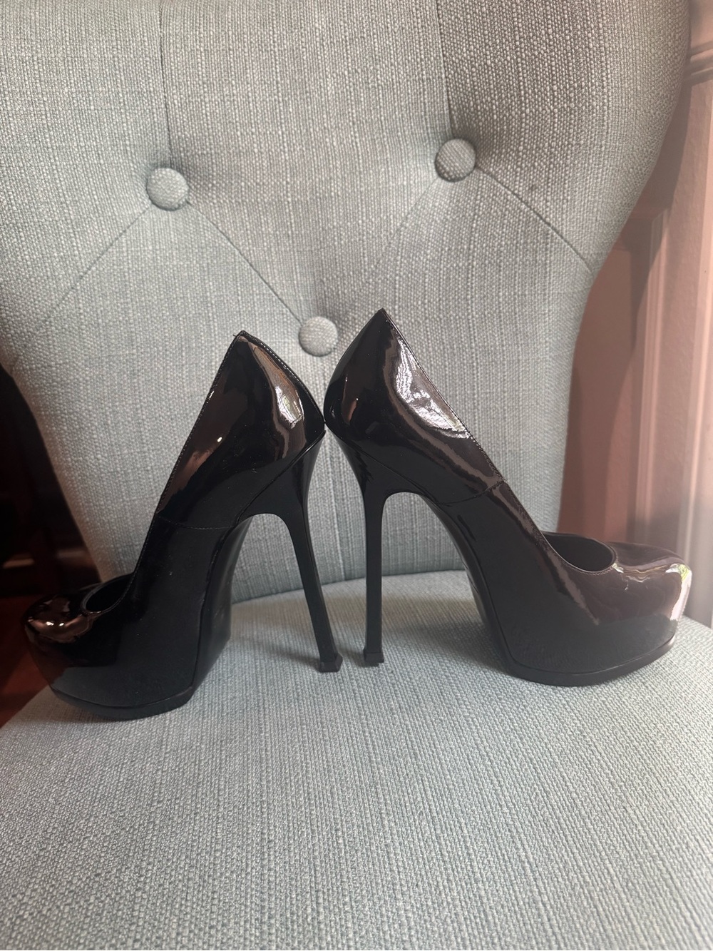 Classic Black Patent Peep-Toe Stiletto Pumps - Women's size 39 8.5